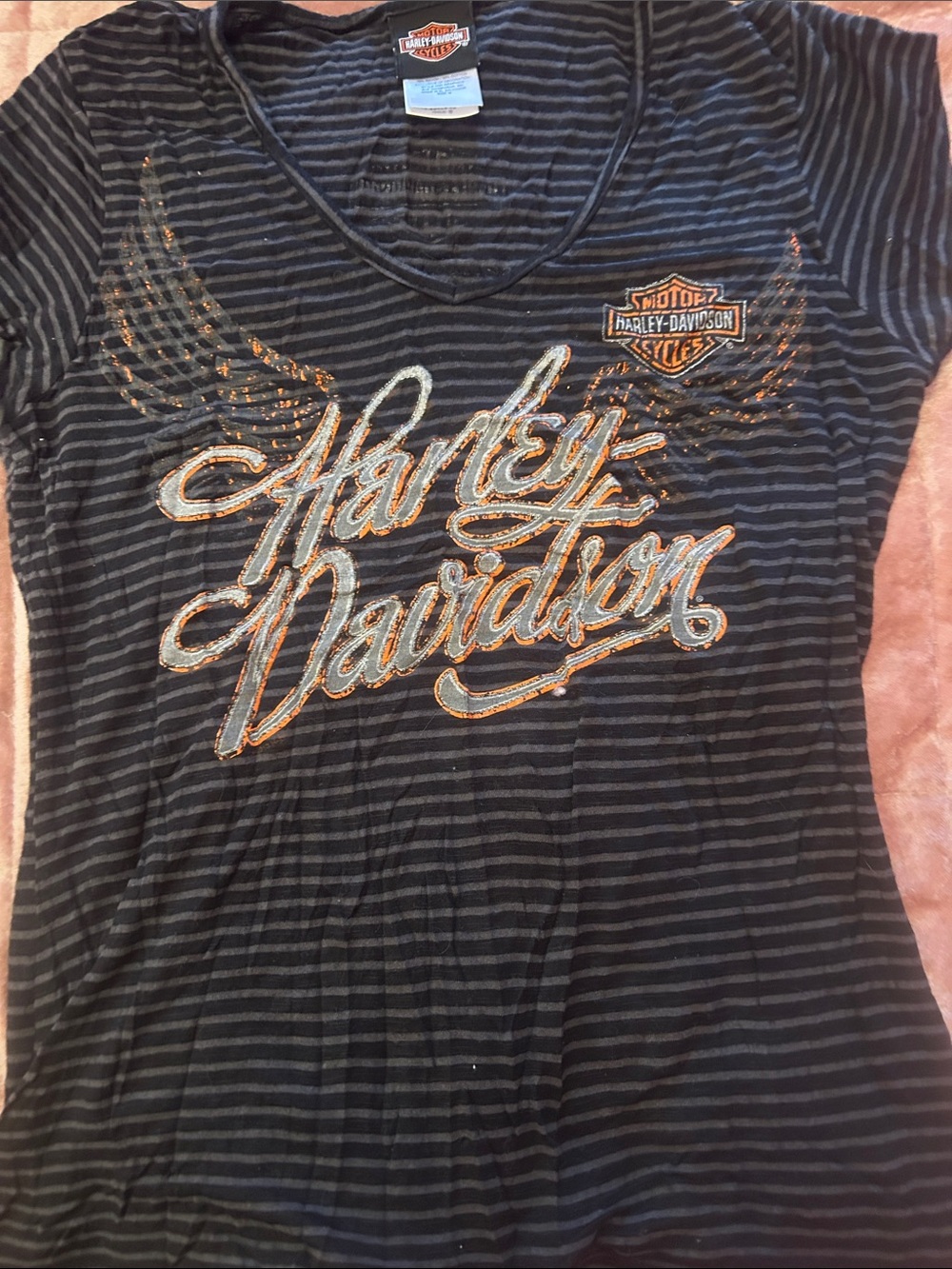 Harley-Davidson Black & Gray Striped V-Neck Tee with Metallic Orange Script